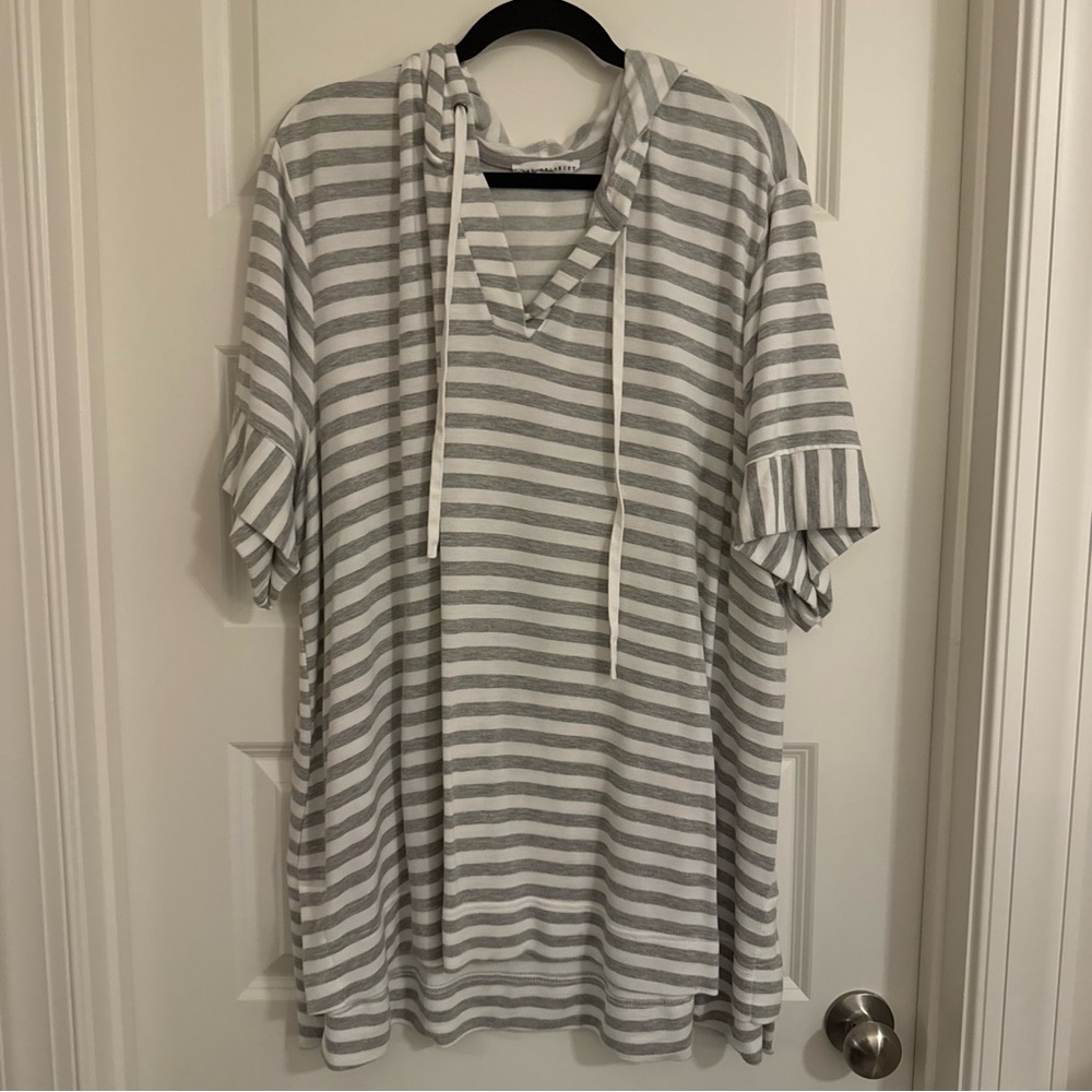 Jane + Delancey Striped Gray and White Hooded Top